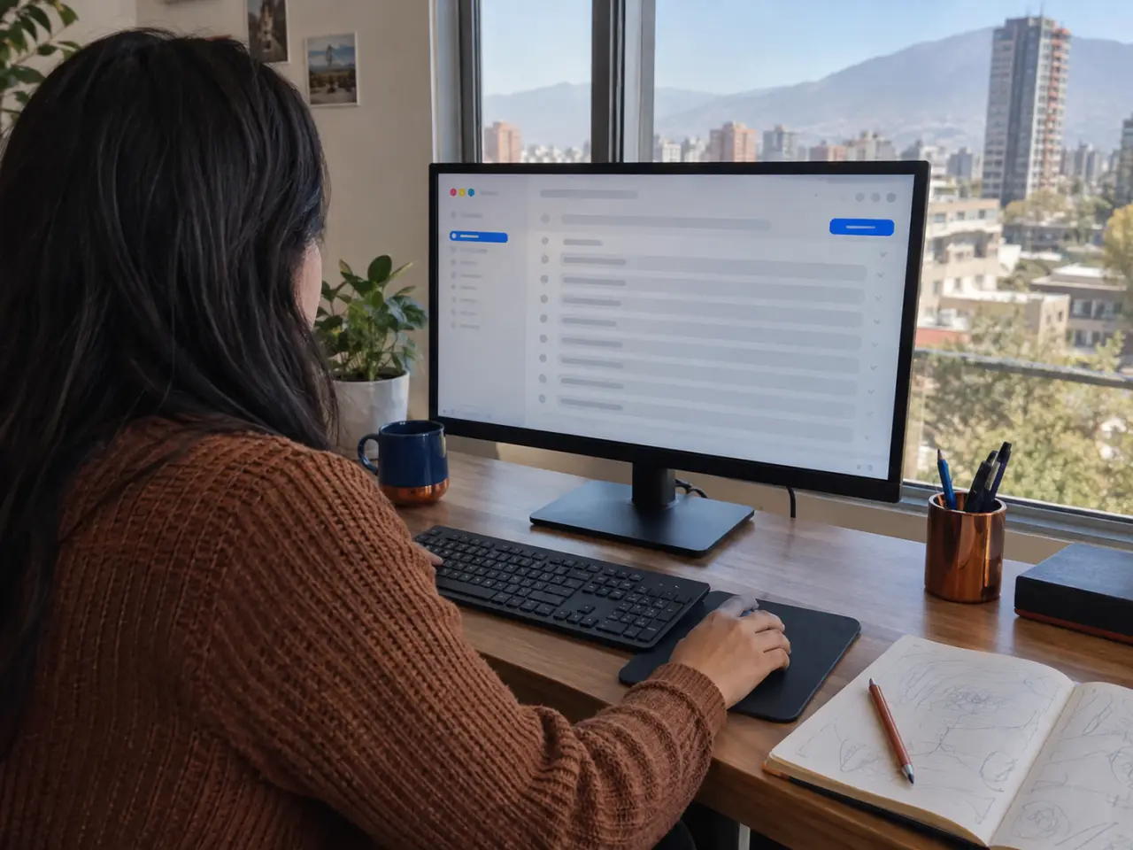 Persona frente a una bandeja de correo en pantalla, revisando borradores antes de aprobarlos