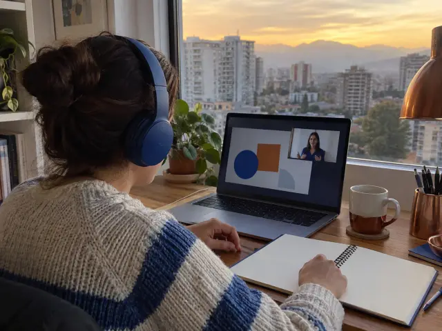 Persona siguiendo una clase online en su notebook con audífonos