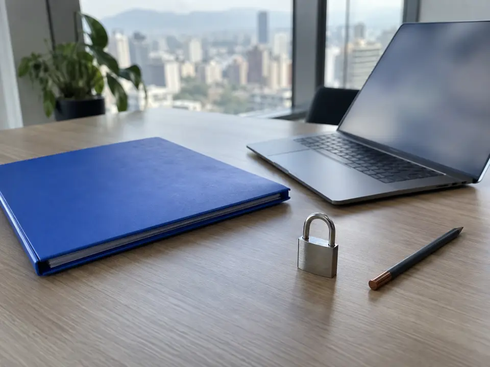 Escritorio con carpeta de documentos, un candado pequeño y un notebook con una planilla