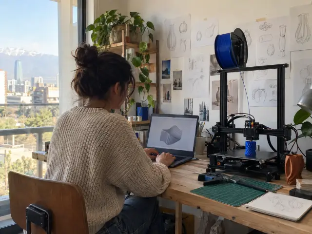 Emprendedora en un taller de prototipos con notebook e impresora 3D