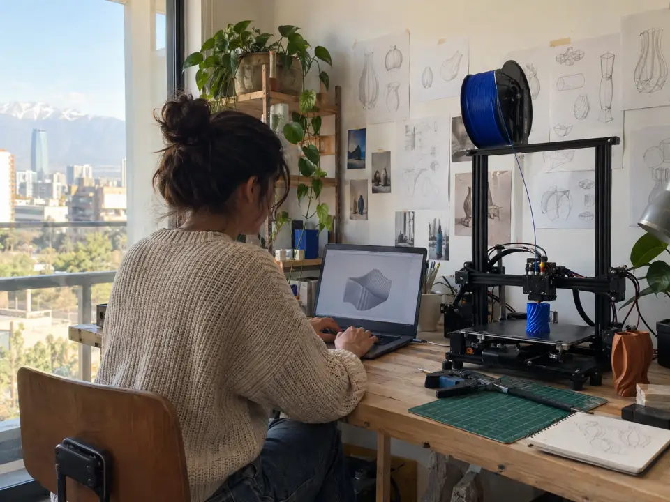 Emprendedora en un taller de prototipos con notebook e impresora 3D