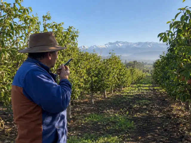 Agricultor grabando una nota de voz en el celular entre filas de frutales
