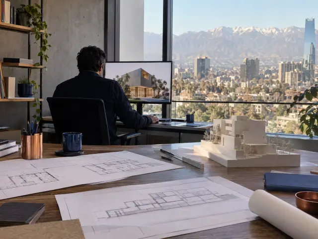 Mesa de arquitecto con planos, maqueta blanca y un monitor con una imagen conceptual