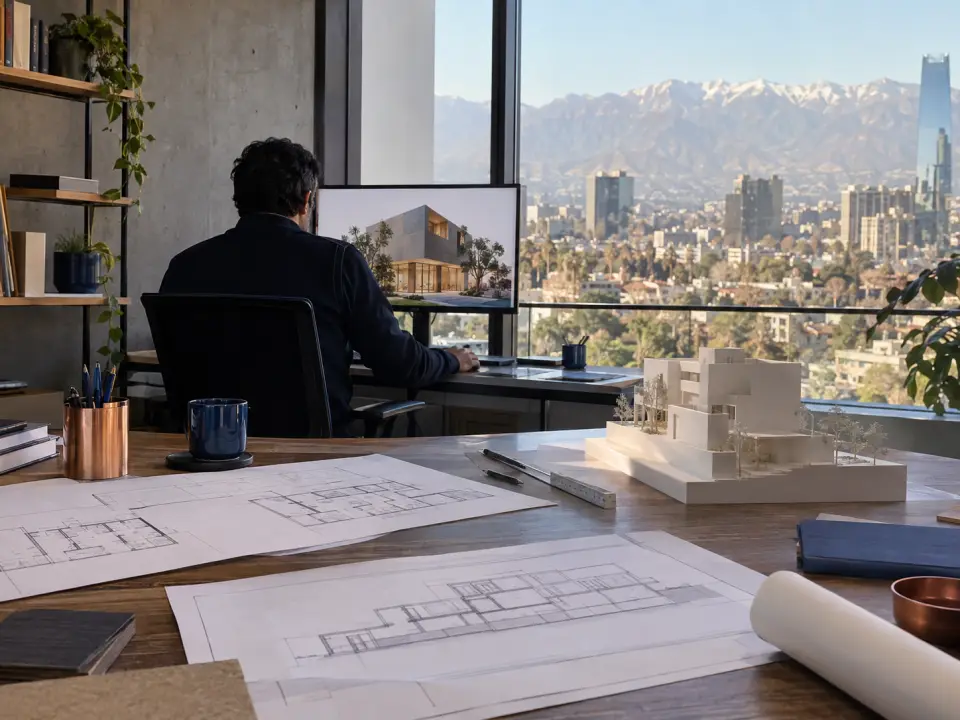 Mesa de arquitecto con planos, maqueta blanca y un monitor con una imagen conceptual
