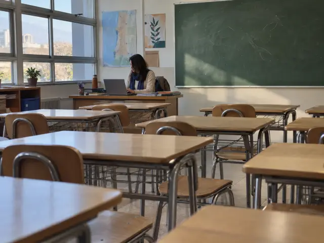 Profesora preparando material en un notebook en una sala de clases