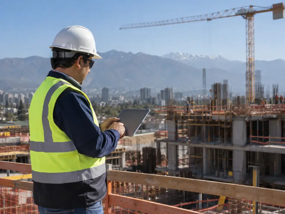 Profesional de obra con casco y tablet en una construcción