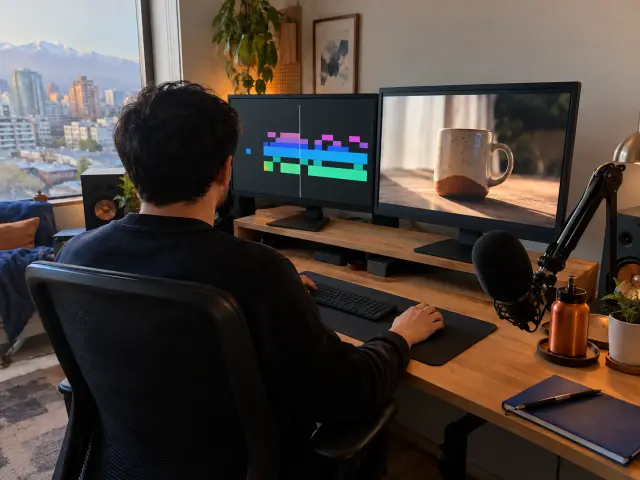 Estación de edición con dos monitores y una línea de tiempo de video